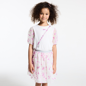 تيشيرت بأكمام قصيرة مزين بربطة، باللون الأبيض للفتيات